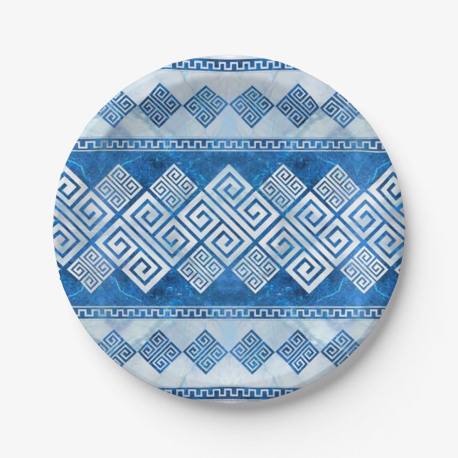 Greek Meander - Greek Key Blue gemstone and pearl Paper Plate (Front)