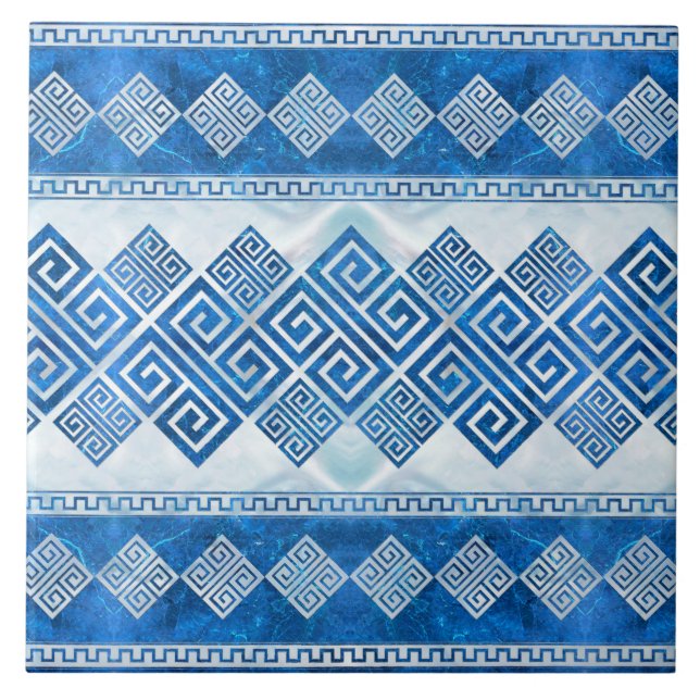 Greek Meander - Greek Key Blue gemstone and pearl Tile (Front)
