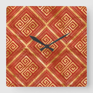 Greek Meander - Greek Key - Gold on Red #5 Square Wall Clock