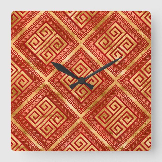 Greek Meander - Greek Key - Gold on Red #5 Square Wall Clock (Front)