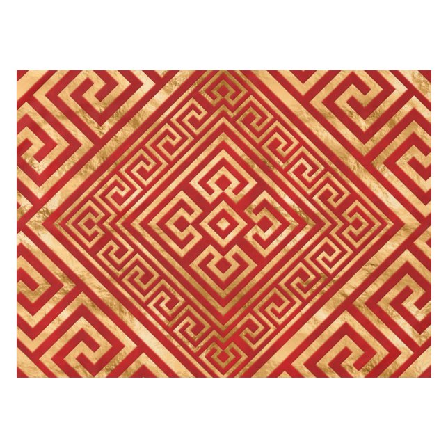 Greek Meander - Greek Key - Gold on Red #6 Tablecloth (Front (Horizontal))