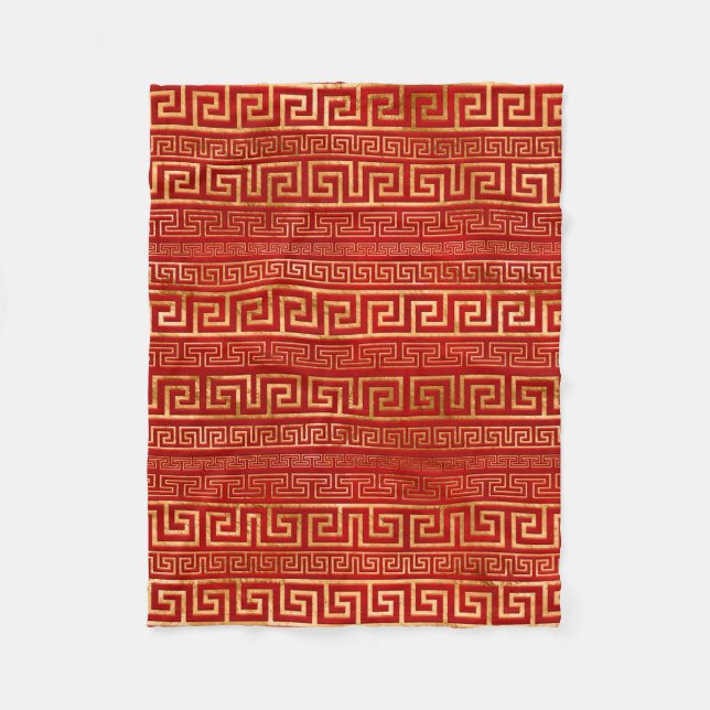 Greek Meander - Greek Key - Gold on Red Fleece Blanket (Front)