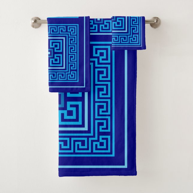 Greek Meander - Greek Key - Shades of blue Bath Towel Set (Insitu)