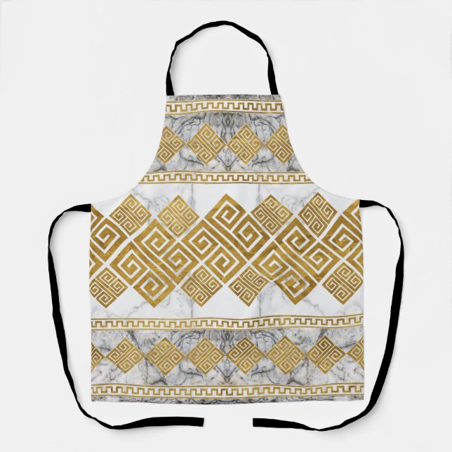 Greek Meander - Greek Key White Marble and Gold Apron (Front)