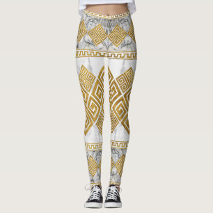 Greek Meander - Greek Key White Marble and Gold Leggings