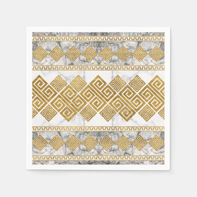 Greek Meander - Greek Key White Marble and Gold Napkin (Front)