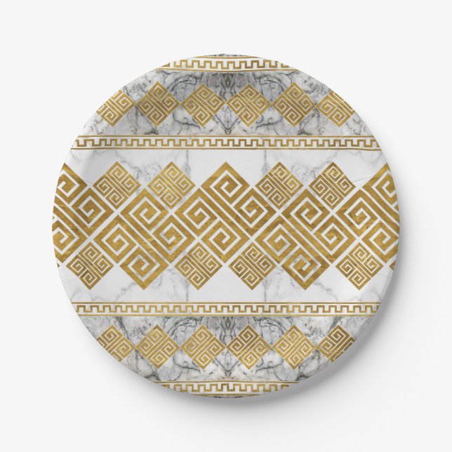 Greek Meander - Greek Key White Marble and Gold Paper Plate (Front)