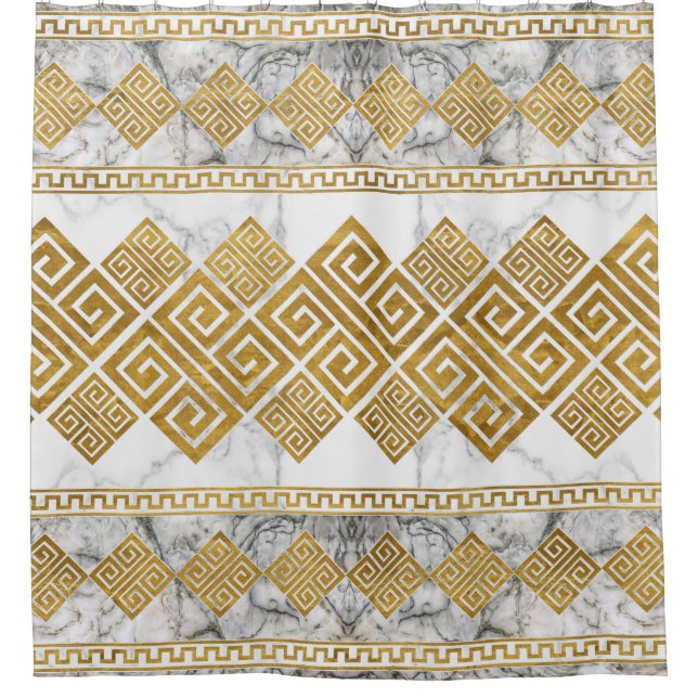 Greek Meander - Greek Key White Marble and Gold Shower Curtain (Front)