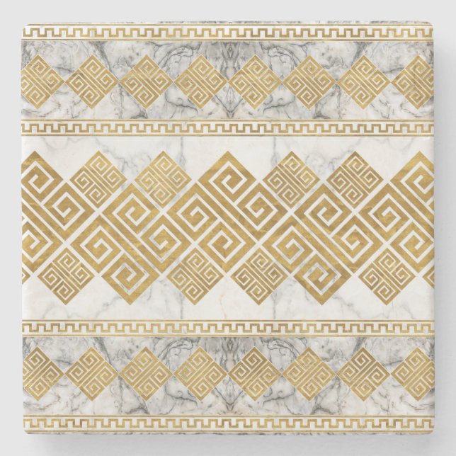 Greek Meander - Greek Key White Marble and Gold Stone Coaster (Front)