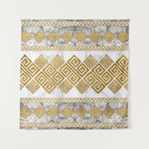 Greek Meander - Greek Key White Marble and Gold Tapestry