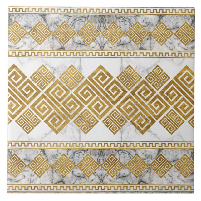 Greek Meander - Greek Key White Marble and Gold Tile (Front)