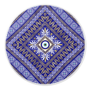 Greek Meander Key and Evil Eye Ornament Ceramic Knob