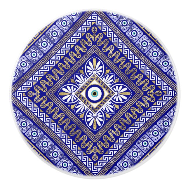Greek Meander Key and Evil Eye Ornament Ceramic Knob (Front)