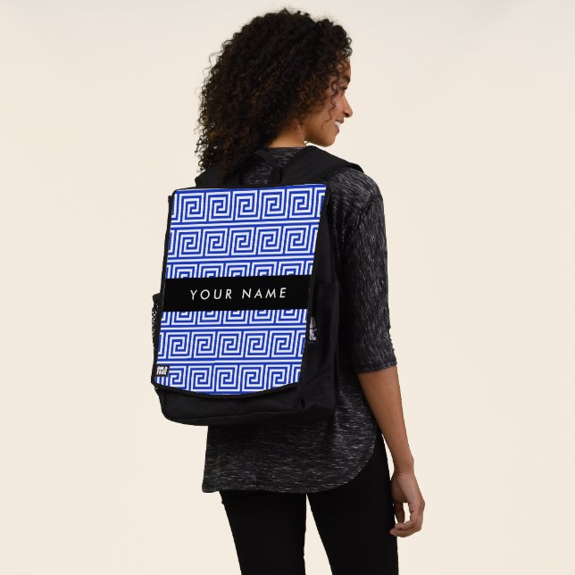 Greek Meander Key Blue, Your Name, Personalise Backpack (Worn)