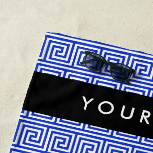 Greek Meander Key Blue, Your Name, Personalise Beach Towel