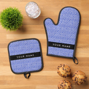 Greek Meander Key Blue, Your Name, Personalise Oven Mitt & Pot Holder Set