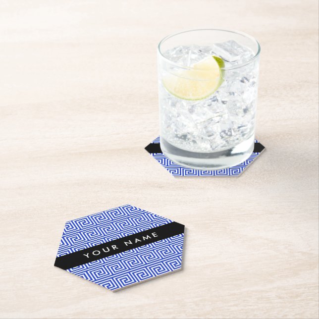 Greek Meander Key Blue, Your Name, Personalise Paper Coaster (Insitu)