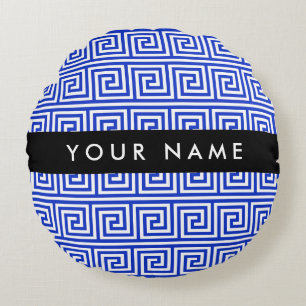 Greek Meander Key Blue, Your Name, Personalise Round Cushion