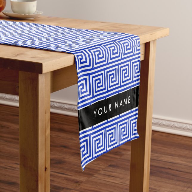 Greek Meander Key Blue, Your Name, Personalise Short Table Runner (In Situ)