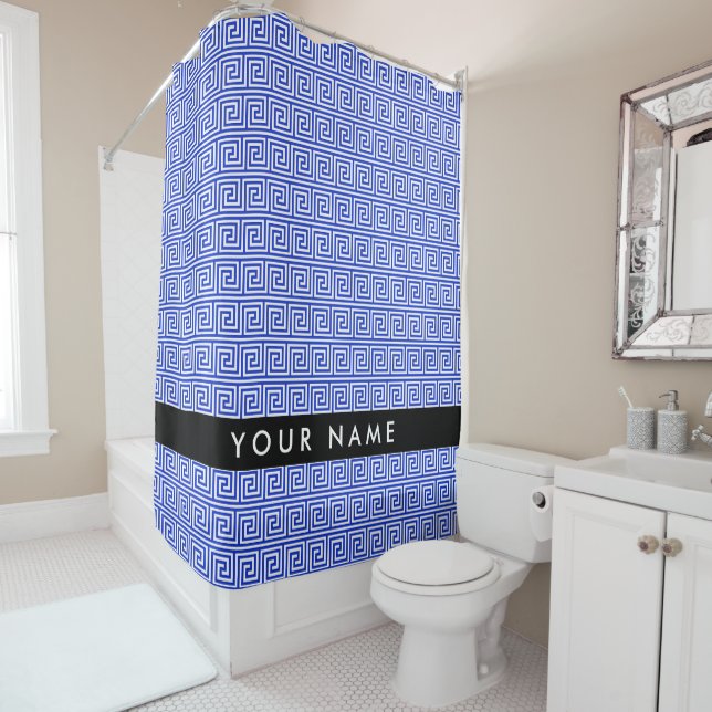 Greek Meander Key Blue, Your Name, Personalise Shower Curtain (In Situ)