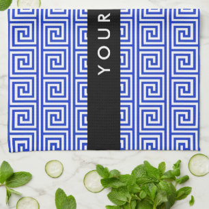 Greek Meander Key Blue, Your Name, Personalise Tea Towel