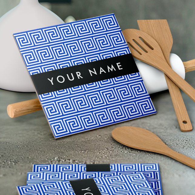 Greek Meander Key Blue, Your Name, Personalise Tile (Creator Uploaded)