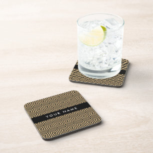 Greek Meander Key Brown, Your Name, Personalise Coaster