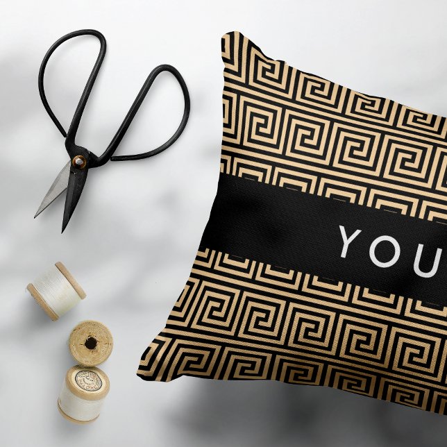 Greek Meander Key Brown, Your Name, Personalise Decorative Cushion (Creator Uploaded)