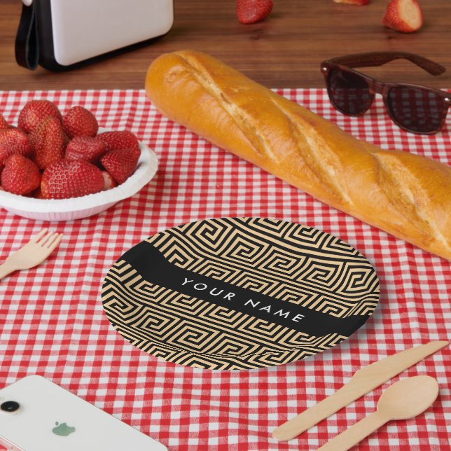 Greek Meander Key Brown, Your Name, Personalise Paper Plate (Picnic)