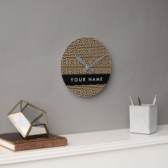 Greek Meander Key Brown, Your Name, Personalise Round Clock (Office)