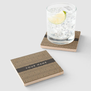 Greek Meander Key Brown, Your Name, Personalise Stone Coaster