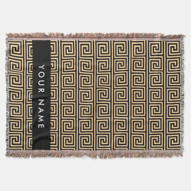 Greek Meander Key Brown, Your Name, Personalise Throw Blanket (Front)