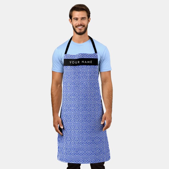 Greek Meander Key H Blue, Your Name, Personalise Apron (Worn)