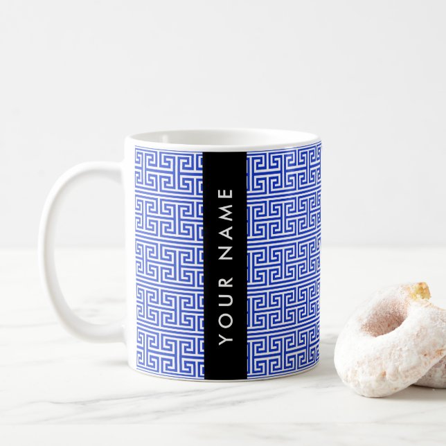 Greek Meander Key H Blue, Your Name, Personalise Coffee Mug (With Donut)