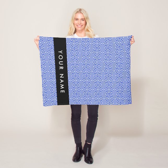 Greek Meander Key H Blue, Your Name, Personalise Fleece Blanket (In Situ)