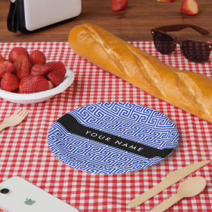 Greek Meander Key H Blue, Your Name, Personalise Paper Plate