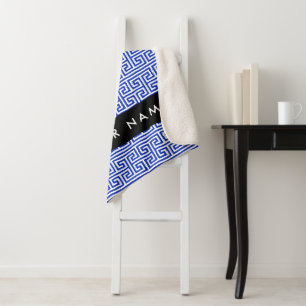 Greek Meander Key H Blue, Your Name, Personalise Sherpa Blanket