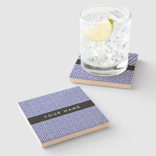 Greek Meander Key H Blue, Your Name, Personalise Stone Coaster