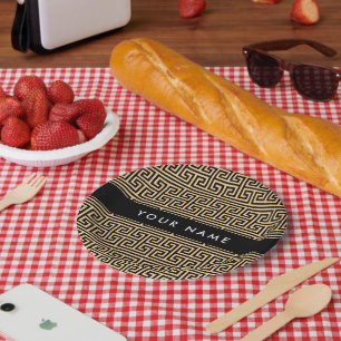 Greek Meander Key H Brown, Your Name, Personalise Paper Plate