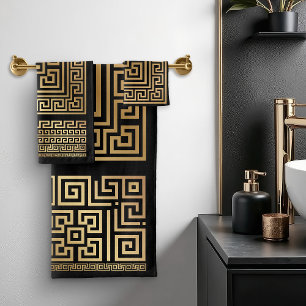 Greek Meander key ornament - black and gold Bath Towel Set