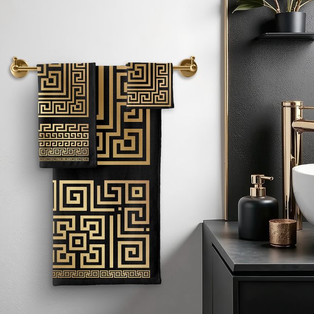 Greek Meander key ornament - black and gold Bath Towel Set (Creator Uploaded)
