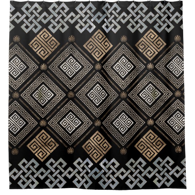 Greek Meander Key Ornament Black and gold Shower Curtain (Front)