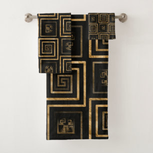 Greek Meander Key pattern - gold watercolor Bath Towel Set