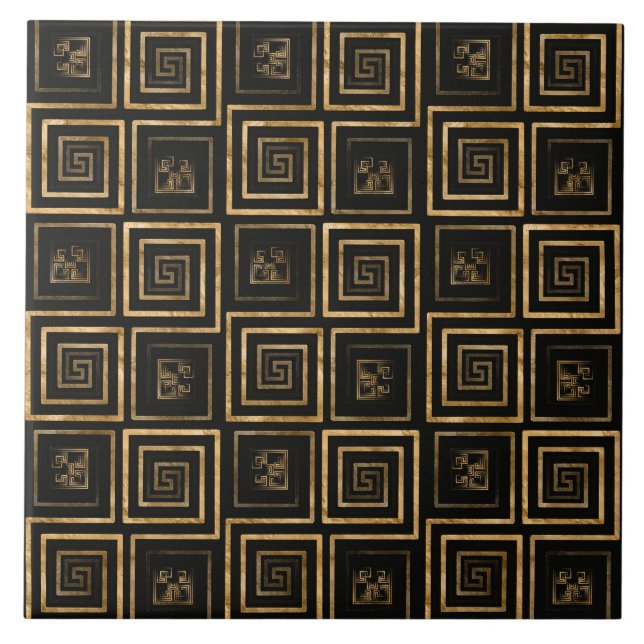 Greek Meander Key pattern - gold watercolor Tile (Front)