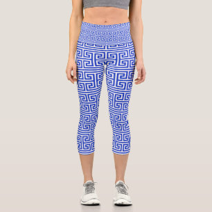 Greek Meander Key Square H Pattern Blue Capri Leggings