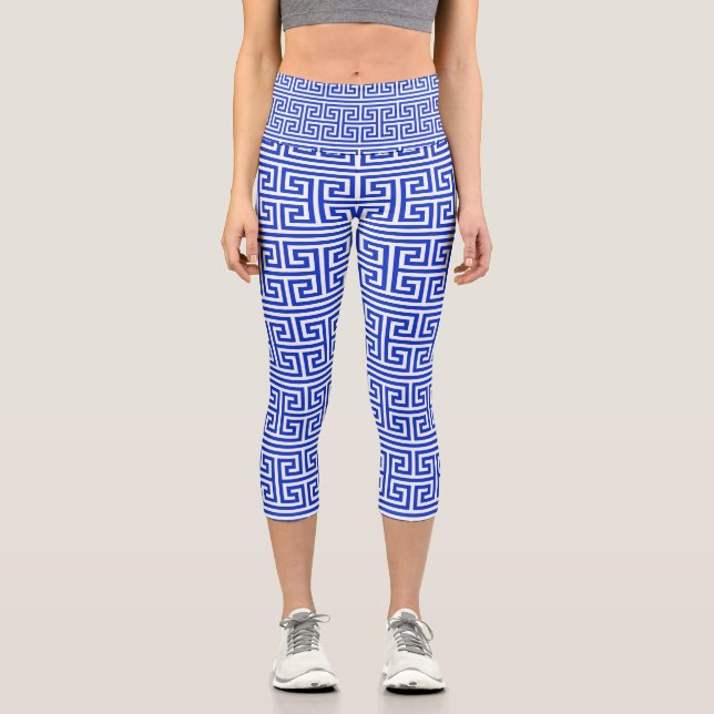 Greek Meander Key Square H Pattern Blue Capri Leggings (Front)