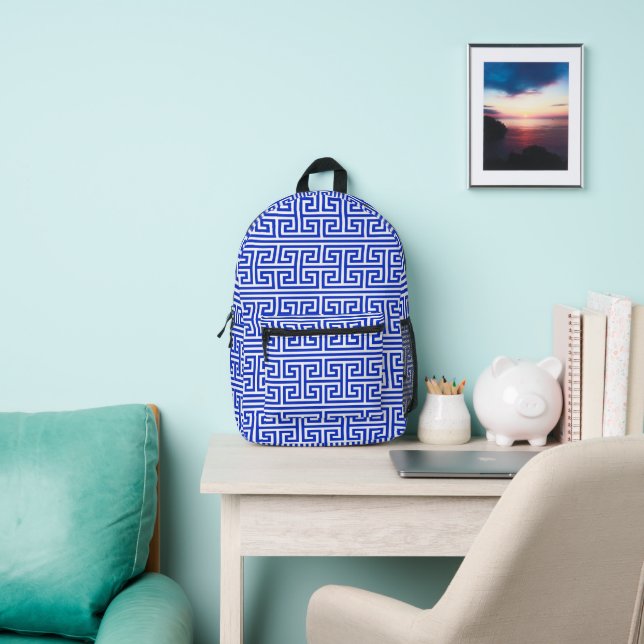 Greek Meander Key Square H Pattern Blue Printed Backpack (Insitu)