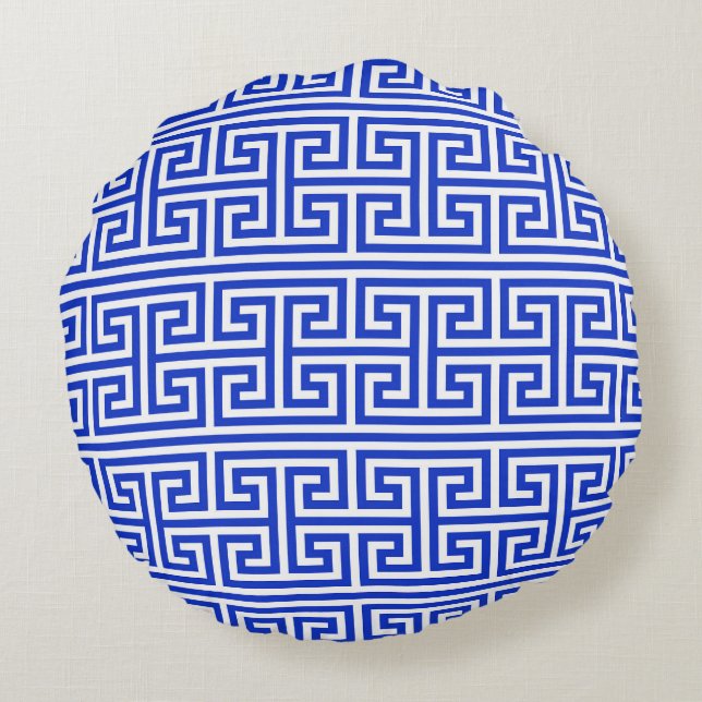 Greek Meander Key Square H Pattern Blue Round Cushion (Back)