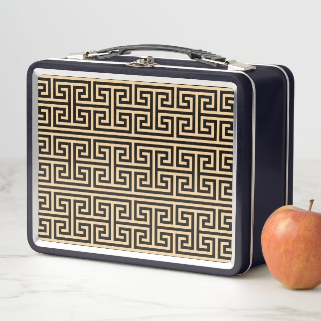Greek Meander Key Square H Pattern Brown Metal Lunch Box (In Situ)