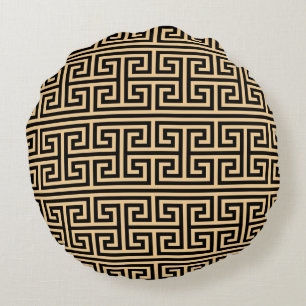 Greek Meander Key Square H Pattern Brown Round Cushion